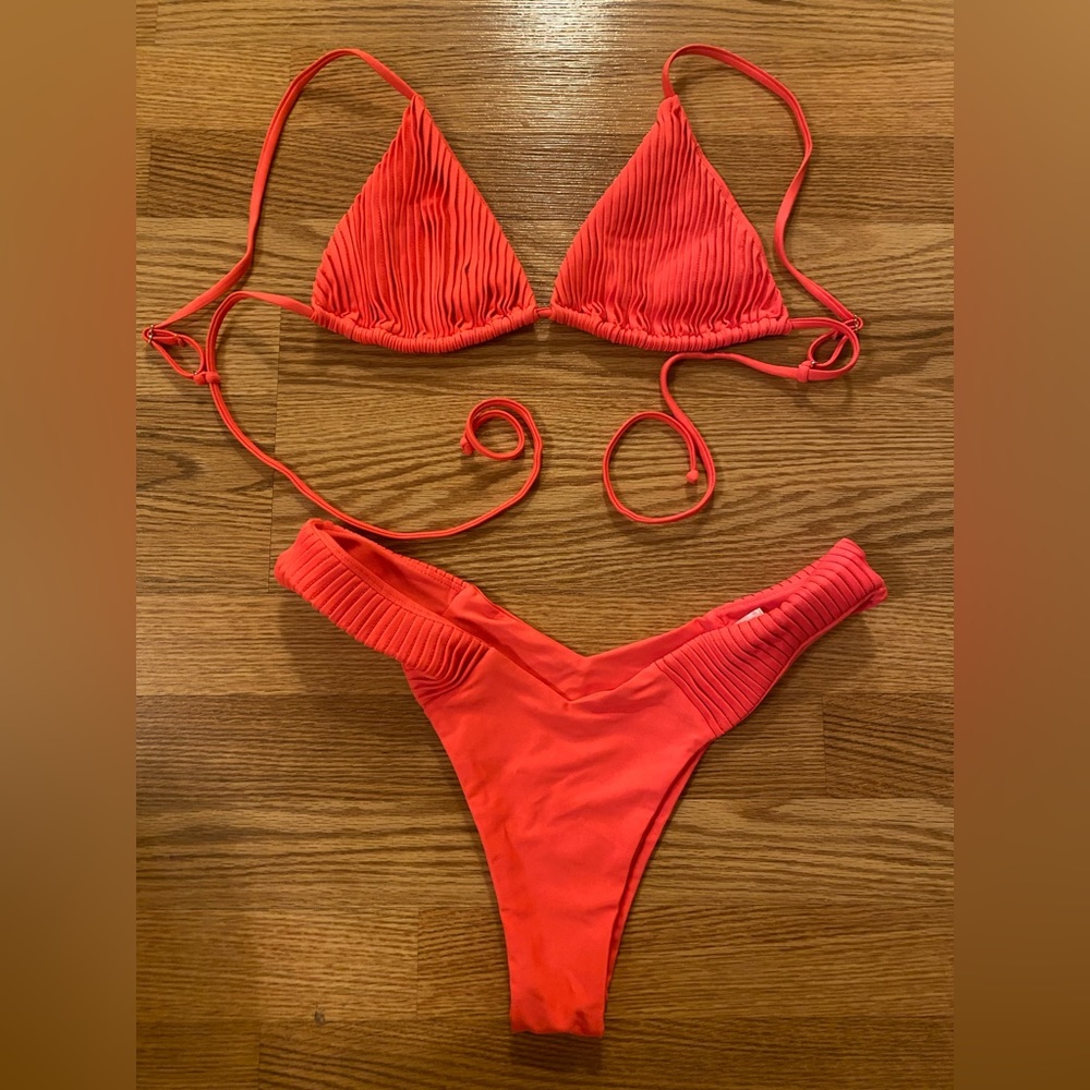 Angelis textured bikini set in bright coral color